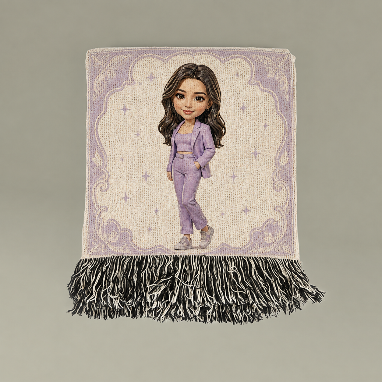 A personalised MiniMe character shown on a woven keepsake blanket